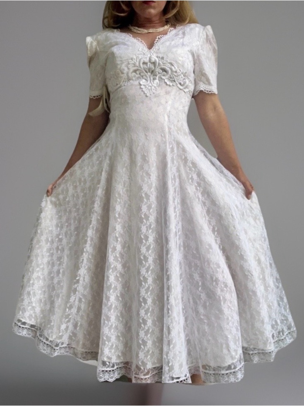 NOS Vintage Scott McClintock White Lace Puff Sleeve Wedding/Tea Dress VTG 10